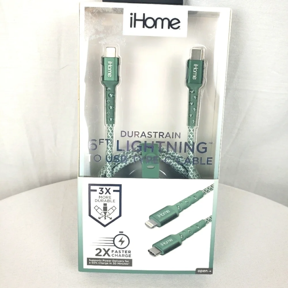 NWB iHome Green Durastrain Lightning 6ft Charging Cable to USB Type C